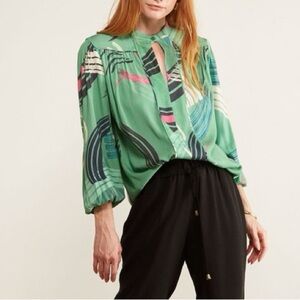 THE ODELLS WOMEN TOPS BLOUSES {$220} Poet Blouse Mystic Green Geometric Small